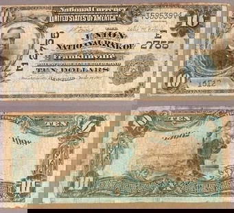 1902 DB $10 National Bank Note Franklinville NY Uncertified Very Good: 1902 DB $10 National Bank Note Franklinville NY Uncertified Very Good This $10 National Bank Note from Franklinville, NY, issued in 1902, is a notable piece for collectors. It is classified as a Very