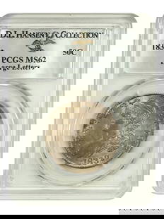 1832 Capped Bust Half Dollar 50C PCGS MS62 Large Letters: 1832 Capped Bust Half Dollar 50C PCGS MS62 Large Letters This stunning 1832 Capped Bust Half Dollar is graded MS62 by PCGS, showcasing its uncirculated condition. With a denomination of 50 cents and m