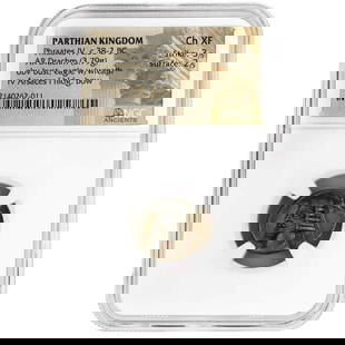 Phraates IV AR Drachm Ancient Coin NGC Ch XF Certified Silver: Phraates IV AR Drachm Ancient Coin NGC Ch XF Certified Silver This ancient coin features the AR Drachm from the Parthian Kingdom, minted during the reign of King Phraates IV, circa 38-2 BC. Certified