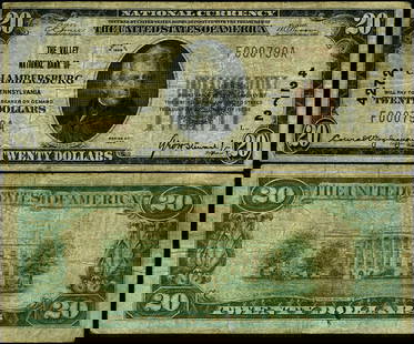 1929 T-1 $20 National Bank Note Valley NB Chambersburg PA: 1929 T-1 $20 National Bank Note Valley NB Chambersburg PA This $20 National Bank Note from 1929 is a T-1 series bill issued by the Valley National Bank, Chambersburg, PA. It is graded Fine+ and is in
