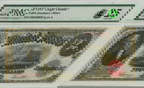 1917 $2 Legal Tender Note PMG VF25 Small Red Seal: 1917 $2 Legal Tender Note PMG VF25 Small Red Seal This 1917 $2 Legal Tender Note features a small red scalloped seal and is graded by PMG as VF25. It is a pre-owned item that has been circulated, show