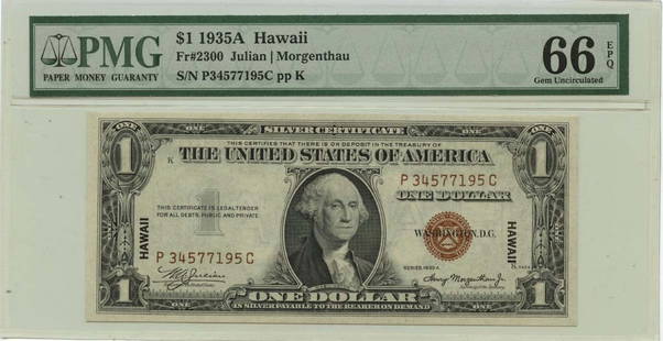 1935A $1 Hawaii WWII Emergency Note PMG Gem66 EPQ: 1935A $1 Hawaii WWII Emergency Note PMG Gem66 EPQ This 1935A $1 Hawaii WWII Emergency Issue note is a remarkable piece of history, showcasing its uncirculated condition with a grade of MS66 as certifi