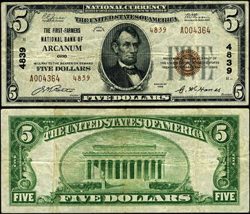 1929 T-2 $5 National Bank Note First Farmers NB Arcanum Ohio: 1929 T-2 $5 National Bank Note First Farmers NB Arcanum Ohio This is a 1929 T-2 $5 National Bank Note from the First Farmers National Bank in Arcanum, Ohio. The note is in Very Fine (VF) condition and