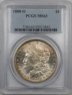1888-O Morgan Silver Dollar PCGS MS63 Uncirculated Coin: 1888-O Morgan Silver Dollar PCGS MS63 Uncirculated Coin This is an 1888-O Morgan Silver Dollar, a prized coin known for its historical significance and beauty. Graded MS-63 by PCGS, this coin is in un