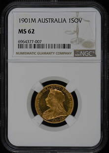 1901 Australia 1 Sovereign Coin NGC MS62 Uncirculated: 1901 Australia 1 Sovereign Coin NGC MS62 Uncirculated This 1901 Australia 1 Sovereign coin is graded as MS62 by NGC, ensuring its uncirculated condition. This historic coin showcases the craftsmanship