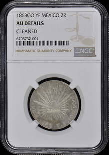 1863 Mexican 2 Real Coin NGC AU Details Certified Collectible: 1863 Mexican 2 Real Coin NGC AU Details Certified Collectible This 1863 Mexican 2 Real coin is graded as AU Details by NGC, ensuring its quality and authenticity. The coin is in uncirculated condition
