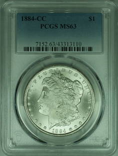 1884-CC Morgan Silver Dollar Coin PCGS MS-63 Uncirculated: 1884-CC Morgan Silver Dollar Coin PCGS MS-63 Uncirculated This stunning 1884-CC Morgan Silver Dollar Coin is graded MS-63 by PCGS, ensuring its high quality and preservation. Minted in Carson City, th