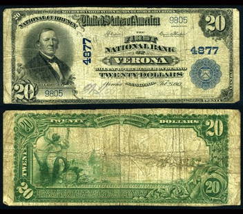 1902 $20 National Bank Note Verona PA First NB Circulated: 1902 $20 National Bank Note Verona PA First NB Circulated This $20 National Bank Note from the First National Bank of Verona, Pennsylvania, is dated 1902 and is classified as a Denomination Type with
