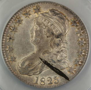 1825 Capped Bust Silver Half Dollar ANACS AU-55 Circulated: 1825 Capped Bust Silver Half Dollar ANACS AU-55 Circulated This 1825 Capped Bust Silver Half Dollar is certified by ANACS with a grade of AU-55. Minted in Philadelphia, this coin is an excellent examp