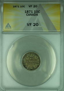1871 Canada 10 Cent Silver Coin ANACS VF-20 KM 3: 1871 Canada 10 Cent Silver Coin ANACS VF-20 KM 3 This 1871 Canada 10 Cent Silver Coin is a noteworthy collectible piece, graded as VF-20 by ANACS. It showcases a rich history as a circulated coin, ref