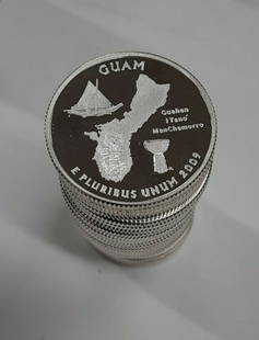 2009-S Guam 30 Uncirculated 90% Silver Proof Quarters in Tube: 2009-S Guam 30 Uncirculated 90% Silver Proof Quarters in Tube This listing features a partial roll of 30 uncirculated 2009-S Guam 90% Silver Proof Quarters, housed in a protective tube. Minted at the