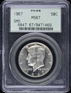 1967 Kennedy Half Dollar 50C PCGS SP67 Uncirculated Coin: 1967 Kennedy Half Dollar 50C PCGS SP67 Uncirculated Coin This 1967 50C SMS Kennedy Half Dollar is certified by PCGS and boasts a stunning grade of SP67, indicating its uncirculated condition. Minted i
