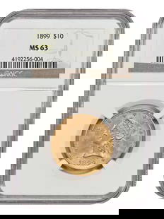1899 NGC MS63 Liberty Head Gold $10 Coin: 1899 NGC MS63 Liberty Head Gold $10 Coin This 1899 Liberty Head $10 gold coin is certified by NGC with a grade of MS63, indicating it is in uncirculated condition. Struck at the Philadelphia Mint, thi