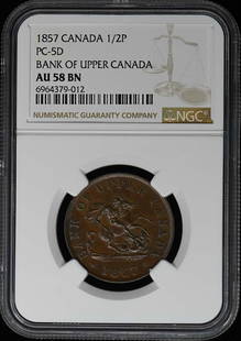 1857 Upper Canada PC-5D Half Penny Token NGC AU58: 1857 Upper Canada PC-5D Half Penny Token NGC AU58 This 1857 Upper Canada PC-5D 1/2P Half Penny Bank Token is graded AU58 by NGC, indicating it is in high quality circulated condition. The token featur
