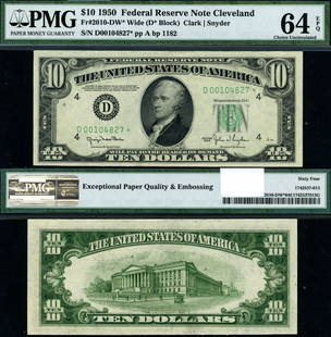 1950 $10 Cleveland Federal Reserve Note PMG CU64 EPQ Choice: 1950 $10 Cleveland Federal Reserve Note PMG CU64 EPQ Choice This 1950 Federal Reserve Note from the Cleveland District features a denomination of $10 and is graded as CU64 EPQ Choice by PMG, indicatin