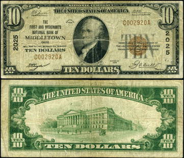 Middletown Ohio 1929 T-1 $10 National Bank Note Ch #2025: Middletown Ohio 1929 T-1 $10 National Bank Note Ch #2025 This $10 National Bank Note from Middletown, Ohio, dates back to 1929 (Type T-1) and is a notable addition for currency collectors. The note is