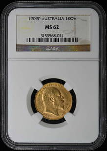 1909 Australia Gold Sovereign NGC MS62 Uncirculated Coin: 1909 Australia Gold Sovereign NGC MS62 Uncirculated Coin This 1909 Australia Gold Sovereign is a remarkable piece, graded MS62 by NGC, ensuring its high quality and preservation. The coin is uncircula