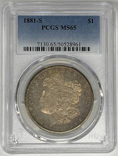 1881-S Morgan Silver Dollar PCGS MS 65 Uncirculated Toned Coin: 1881-S Morgan Silver Dollar PCGS MS 65 Uncirculated Toned Coin This stunning 1881-S Morgan Silver Dollar is graded MS 65 by PCGS, showcasing its exceptional uncirculated condition. The coin features a