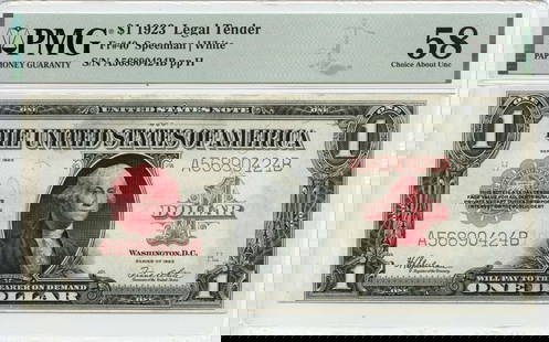 1923 $1 Legal Tender Note PMG AU58 Small Red Scalloped Design: 1923 $1 Legal Tender Note PMG AU58 Small Red Scalloped Design This 1923 $1 Legal Tender note features a small red scalloped design and is graded AU58 by PMG, indicating it is in excellent condition wi