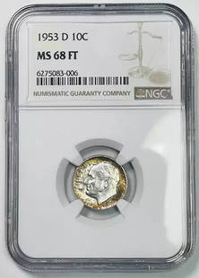 1953 D Roosevelt Dime NGC MS-68 FT Silver Coin with Toning: 1953 D Roosevelt Dime NGC MS-68 FT Silver Coin with Toning This stunning 1953 D Roosevelt Dime is certified by NGC with a remarkable MS-68 grade, showcasing beautiful toning. Struck in silver at the D