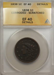 1838 Large Cent 1C Coin ANACS EF 40 Circulated Copper: 1838 Large Cent 1C Coin ANACS EF 40 Circulated Copper This 1838 Large Cent 1C Coin, certified by ANACS with a grade of EF 40, showcases historical significance as a circulated piece minted in Philadel