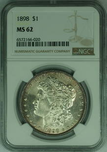 1898 Morgan Silver Dollar NGC MS62 Lightly Toned Uncirculated Coin: 1898 Morgan Silver Dollar NGC MS62 Lightly Toned Uncirculated Coin This 1898 Morgan Silver Dollar is an uncirculated coin, certified by NGC with a grade of MS 62. Minted in Philadelphia, this coin is