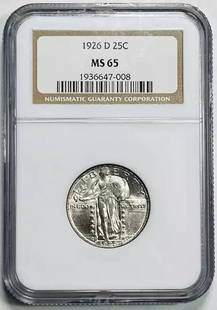 1926 D NGC MS 65 Standing Liberty Quarter Silver Coin: 1926 D NGC MS 65 Standing Liberty Quarter Silver Coin This 1926 D Standing Liberty Quarter is certified by NGC with a remarkable grade of MS 65, indicating its uncirculated state. Struck in silver, th