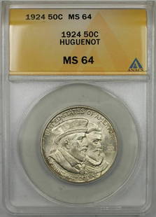 1924 Huguenot Commemorative Silver Half-Dollar Coin ANACS MS64: 1924 Huguenot Commemorative Silver Half-Dollar Coin ANACS MS64 This 1924 Huguenot Commemorative Silver Half-Dollar Coin is a remarkable piece for collectors. Certified by ANACS with a grade of MS 64,