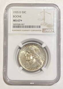 1935 D Boone NGC MS-67+ Silver Dollar Uncirculated Coin: 1935 D Boone NGC MS-67+ Silver Dollar Uncirculated Coin This 1935 D Boone coin is certified by NGC and graded MS-67+, indicating its uncirculated condition and high quality. It features a silver compo