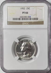 1952 P Quarter Dollar NGC PF-66 Uncirculated Silver Coin: 1952 P Quarter Dollar NGC PF-66 Uncirculated Silver Coin This stunning 1952 P Quarter Dollar is a remarkable piece of silver coinage. Graded as PF-66 by NGC, this uncirculated coin presents an exquisi