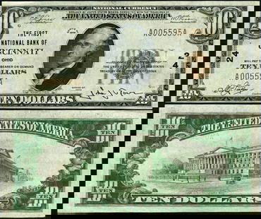 Cincinnati $10 1929 T-1 National Bank Note Ch #24 AU+: Cincinnati $10 1929 T-1 National Bank Note Ch #24 AU+ This 1929 T-1 National Bank Note from Cincinnati, Ohio, features a denomination of $10 and is graded as AU+ (Almost Uncirculated). The note has ci
