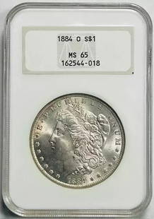 1884 O Morgan Silver Dollar NGC MS-65 Fatty Holder Uncirculated: 1884 O Morgan Silver Dollar NGC MS-65 Fatty Holder Uncirculated This 1884 O Morgan Silver Dollar is a stunning example of numismatic craftsmanship, graded MS-65 by NGC and presented in a Fatty Holder.
