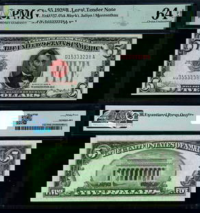 1928-B $5 Legal Tender Note PMG CU64 EPQ Choice Uncirculated: 1928-B $5 Legal Tender Note PMG CU64 EPQ Choice Uncirculated This is a $5 Legal Tender note from the year 1928-B, graded CU64 EPQ by PMG, indicating its choice uncirculated condition. The note is a pr