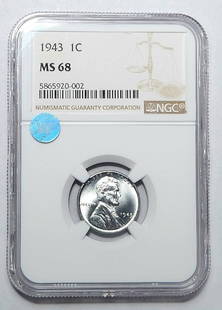 1943 P Lincoln Small Cent NGC MS 68 Uncirculated Copper Coin: 1943 P Lincoln Small Cent NGC MS 68 Uncirculated Copper Coin This stunning 1943 P Small Cent Lincoln is certified by NGC with a remarkable grade of MS 68, showcasing its uncirculated condition. Struck