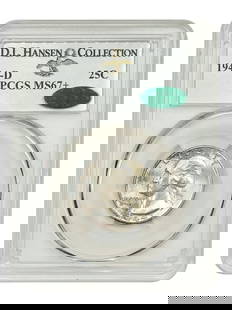 1944-D Washington Quarter MS67+ PCGS CAC D.L. Hansen Collection: 1944-D Washington Quarter MS67+ PCGS CAC D.L. Hansen Collection This 1944-D Washington Quarter is graded MS67+ by PCGS and is part of the D.L. Hansen collection. It features a stunning strike with ful