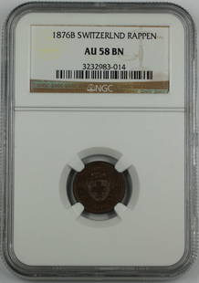 1876-B Switzerland 1 Rappen Coin NGC AU-58 Bronze KM 3.1: 1876-B Switzerland 1 Rappen Coin NGC AU-58 Bronze KM 3.1 This stunning 1876-B Switzerland 1 Rappen coin features a beautiful bronze composition and is certified by NGC with a grade of AU-58. The coin