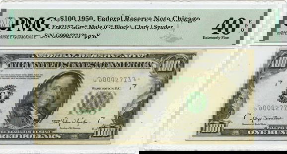 1950 $100 Chicago Federal Reserve Note Fr# 2157-GM* PMG XF40 EPQ: 1950 $100 Chicago Federal Reserve Note Fr# 2157-GM* PMG XF40 EPQ This 1950 $100 Federal Reserve Note from Chicago, designated as Fr# 2157-GM*, is a notable collectible for currency enthusiasts. It has