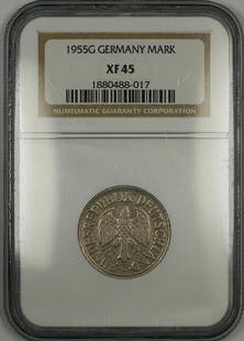 1955-G Germany 1 Mark Coin NGC XF 45 Certified Collectible: 1955-G Germany 1 Mark Coin NGC XF 45 Certified Collectible This 1955-G Germany 1 Mark coin is a remarkable piece of numismatic history, certified by NGC with a grade of XF 45, indicating its excellent