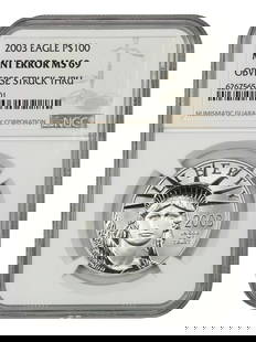 2003 $100 Platinum Eagle Coin NGC MS69 Obverse Struck Thru Mint Error: 2003 $100 Platinum Eagle Coin NGC MS69 Obverse Struck Thru Mint Error This 2003 Platinum Eagle $100 coin features a rare mint error known as 'Obverse Struck Thru,' adding to its uniqueness and collect