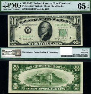 1950 $10 Federal Reserve Note Cleveland D-* Block PMG CU65 EPQ Gem: 1950 $10 Federal Reserve Note Cleveland D-* Block PMG CU65 EPQ Gem This is a 1950 $10 Federal Reserve Note from the Cleveland district, designated D-* Block. It is graded as CU65 EPQ (Exceptional Pape