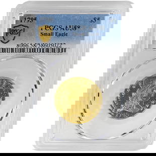 1795 $5 Gold Small Eagle Draped Bust Coin PCGS AU58 Rare: 1795 $5 Gold Small Eagle Draped Bust Coin PCGS AU58 Rare This 1795 $5 Small Eagle Draped Bust coin is a rare and historic piece, certified by PCGS with a grade of AU58. Struck in gold at the Philadelp