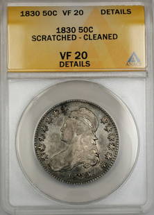 1830 Capped Bust Silver Half Dollar ANACS VF 20 Circulated Coin: 1830 Capped Bust Silver Half Dollar ANACS VF 20 Circulated Coin This 1830 Capped Bust Silver Half Dollar coin, certified by ANACS and graded VF 20 Details, features a rich history as a circulated piec