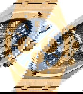 Audemars Piguet Royal Oak Selfwinding Chronograph Blue Dial 26331BA.OO.1220BA.01 18K Yellow Gold: Audemars Piguet Royal Oak Selfwinding Chronograph Blue Dial 26331BA.OO.1220BA.01 18K Yellow Gold 2020 Card This exquisite Audemars Piguet Royal Oak Selfwinding Chronograph features a striking blue dia