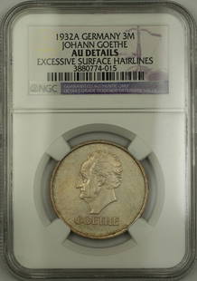 1932-A Germany Three Mark Silver Coin Johann Goethe NGC AU Details: 1932-A Germany Three Mark Silver Coin Johann Goethe NGC AU Details This 1932-A Germany Three Mark silver coin features the renowned poet Johann Goethe. Certified by NGC with a grade of AU Details, thi