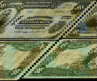 1902 $10 Alliance First National Bank Note Ch #3721 VG/F Circulated: 1902 $10 Alliance First National Bank Note Ch #3721 VG/F Circulated This is a $10 National Bank Note issued by the Alliance First National Bank in 1902. The note is graded as VG/F (Very Good/Fine) and