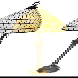 Duffner & Kimberly Geometric Antique Bronze Table Lamp 25 x 19 inches: Duffner & Kimberly Geometric Antique Bronze Table Lamp 25 x 19 inches This exquisite early 20th-century table lamp, crafted by Duffner & Kimberly Co., showcases a stunning leaded glass shade complemen