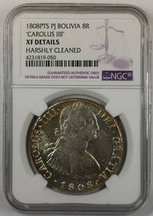 1808 Bolivia 8 Reales Silver Coin Carolus III NGC XF Details: 1808 Bolivia 8 Reales Silver Coin Carolus III NGC XF Details This 1808 PTS PJ Bolivia 8 Reales coin features the reign of Carolus III and is a notable piece for collectors. It is certified by NGC with