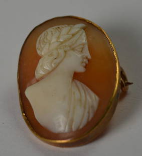 Antique 10k Yellow Gold Shell Cameo Pin Brooch 1.5cm x 2cm: Antique 10k Yellow Gold Shell Cameo Pin Brooch 1.5cm x 2cm This exquisite antique pin brooch features a beautifully carved shell cameo set in 10k yellow gold. With a length of 1.5 cm and a width of 2