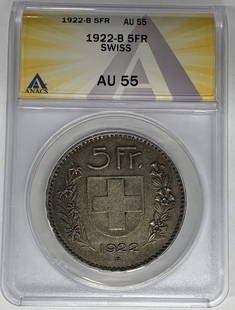 1922-B Swiss 5 Francs Silver Coin ANACS AU 55 Km 37: 1922-B Swiss 5 Francs Silver Coin ANACS AU 55 Km 37 This 1922-B Swiss 5 Francs Silver Coin is a remarkable piece of history, showcasing a denomination of 5 Francs. Crafted from 90% silver, this circul