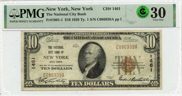 1929 National City Bank Note NY CH#1461 PMG VF30: 1929 National City Bank Note NY CH#1461 PMG VF30 This 1929 National City Bank note from New York, NY, is a historical piece with a denomination of 1801-1. Graded as VF30 by PMG, this note shows signs